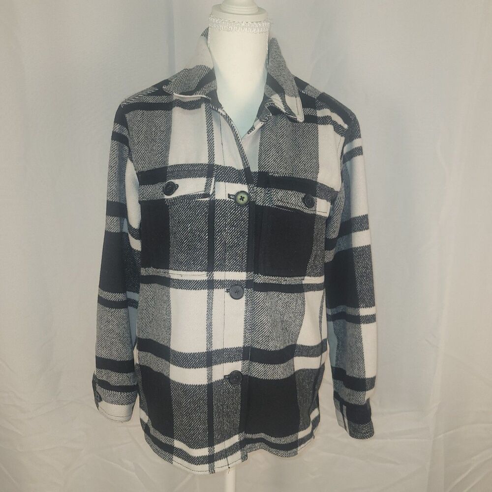 Old Navy Plaid Wool Blend Soft Brushed Shacket Utility Black White Women Size XS